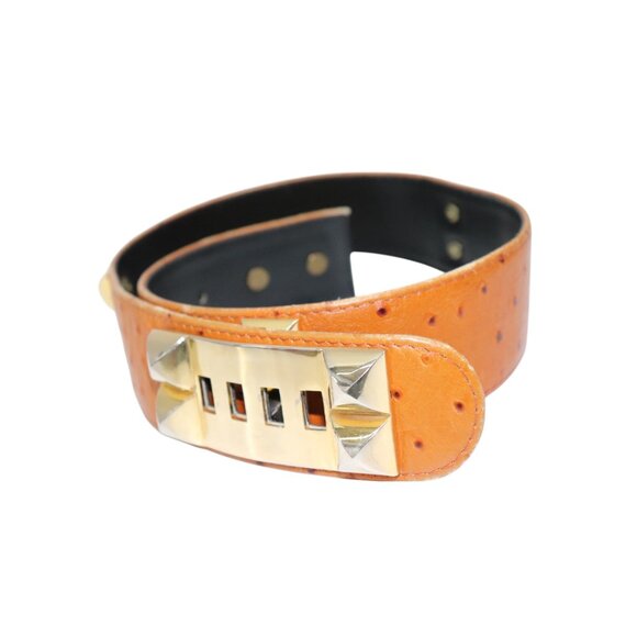 Vintage FRANCE Tan Leather Ostrich Belt Gold Pyramid Stud Buckle Small - Picture 2 of 5